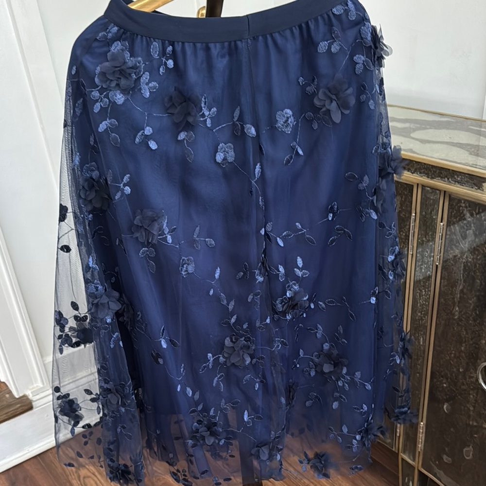Embellished Blue Midi A-Line Skirt